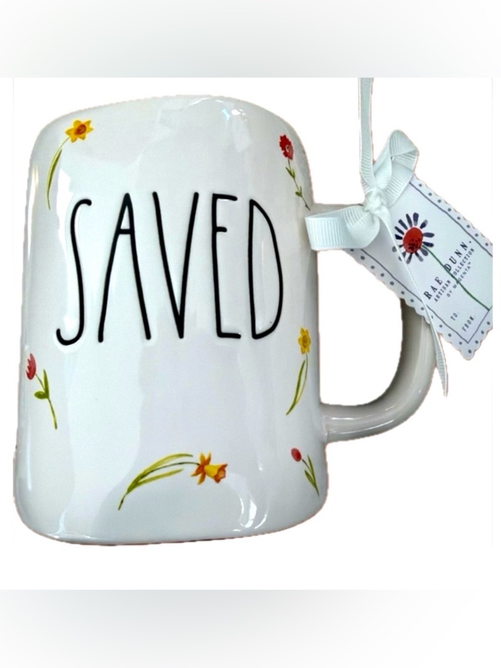 Rae Dunn White 'SAVED' Floral Ceramic Mug
